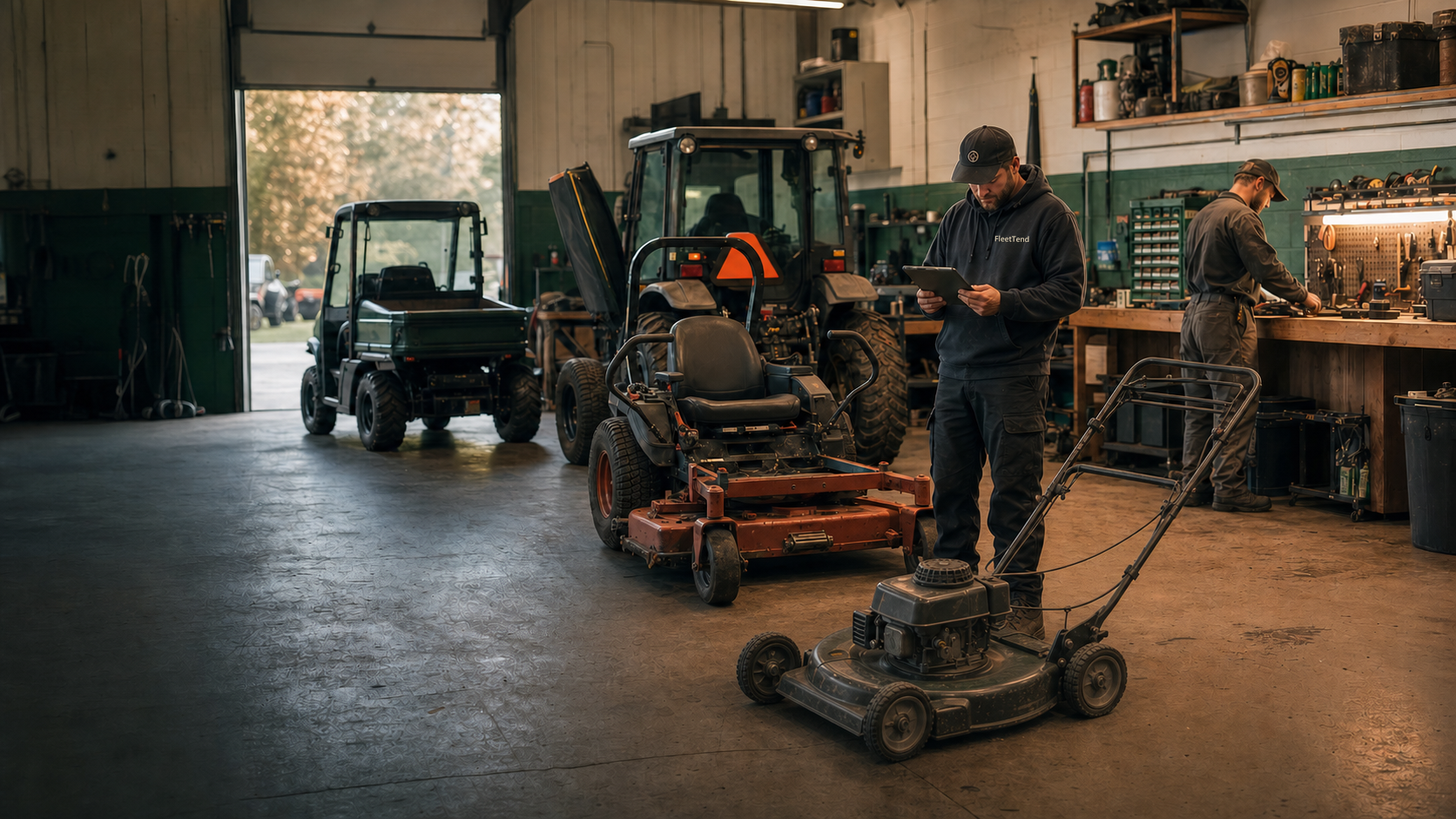 A small grounds maintenance team working in an organized equipment service bay
